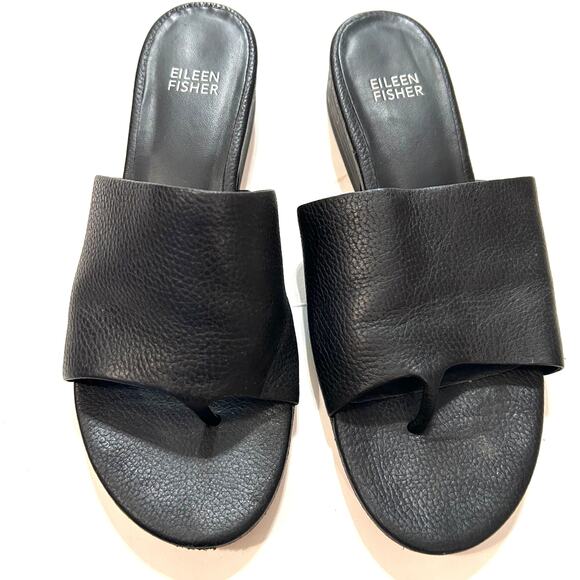 Eileen Fisher Shoes - Eileen Fisher Black Thong Sandal Leather Slip On Low Heel Size 7.5